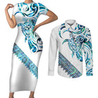 Kahui Whetu Paua shell Kowhaiwhai Taniko Personalised Couples Matching Short Sleeve Bodycon Dress and Long Sleeve Button Shirt Turtle Tattoo Maori Tribal Style