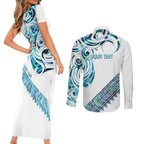 Kahui Whetu Paua shell Kowhaiwhai Taniko Personalised Couples Matching Short Sleeve Bodycon Dress and Long Sleeve Button Shirt Turtle Tattoo Maori Tribal Style
