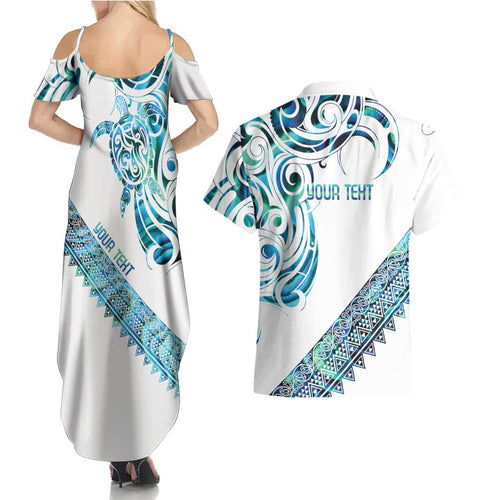 Kahui Whetu Paua shell Kowhaiwhai Taniko Personalised Couples Matching Summer Maxi Dress and Hawaiian Shirt Turtle Tattoo Maori Tribal Style
