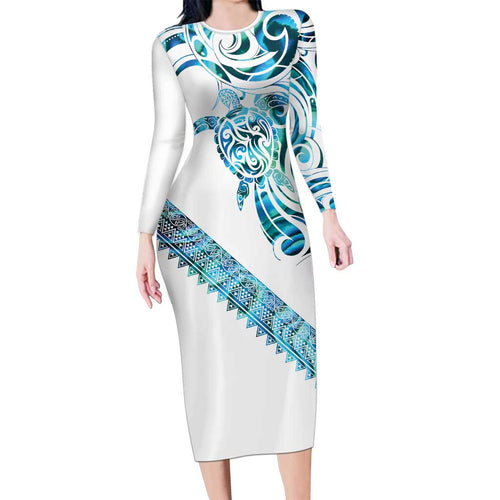 Kahui Whetu Paua shell Kowhaiwhai Taniko Personalised Family Matching Long Sleeve Bodycon Dress and Hawaiian Shirt Turtle Tattoo Maori Tribal Style