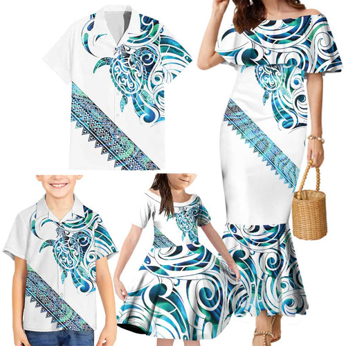 Kahui Whetu Paua shell Kowhaiwhai Taniko Personalised Family Matching Mermaid Dress and Hawaiian Shirt Turtle Tattoo Maori Tribal Style