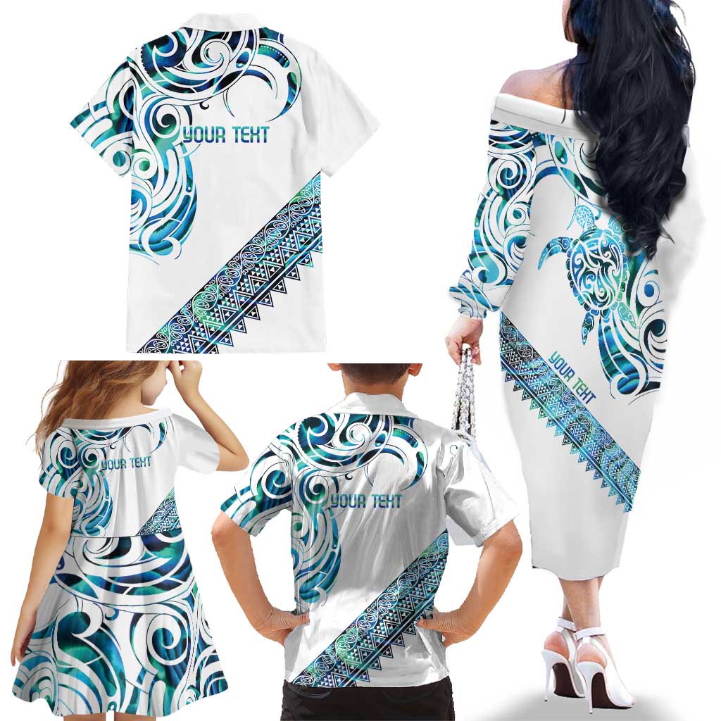 Kahui Whetu Paua shell Kowhaiwhai Taniko Personalised Family Matching Off The Shoulder Long Sleeve Dress and Hawaiian Shirt Turtle Tattoo Maori Tribal Style