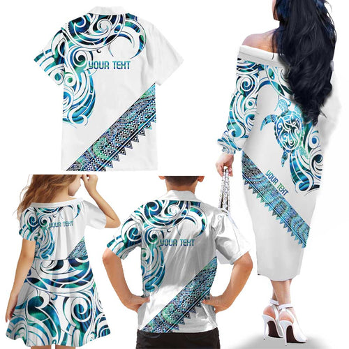 Kahui Whetu Paua shell Kowhaiwhai Taniko Personalised Family Matching Off The Shoulder Long Sleeve Dress and Hawaiian Shirt Turtle Tattoo Maori Tribal Style