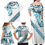 Kahui Whetu Paua shell Kowhaiwhai Taniko Personalised Family Matching Off Shoulder Maxi Dress and Hawaiian Shirt Turtle Tattoo Maori Tribal Style