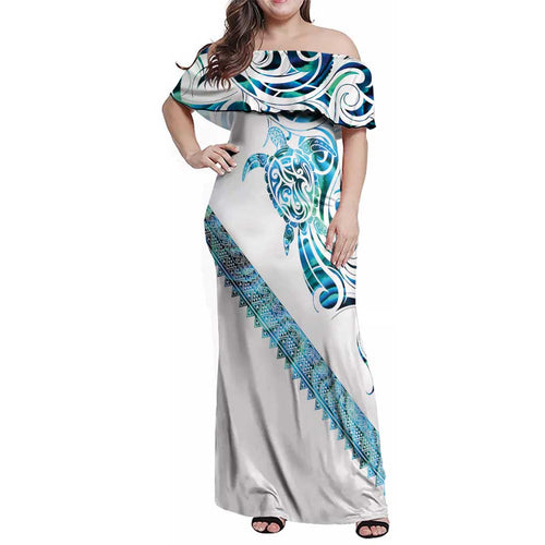 Kahui Whetu Paua shell Kowhaiwhai Taniko Personalised Family Matching Off Shoulder Maxi Dress and Hawaiian Shirt Turtle Tattoo Maori Tribal Style