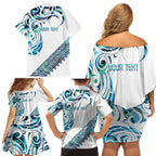 Kahui Whetu Paua shell Kowhaiwhai Taniko Personalised Family Matching Off Shoulder Short Dress and Hawaiian Shirt Turtle Tattoo Maori Tribal Style
