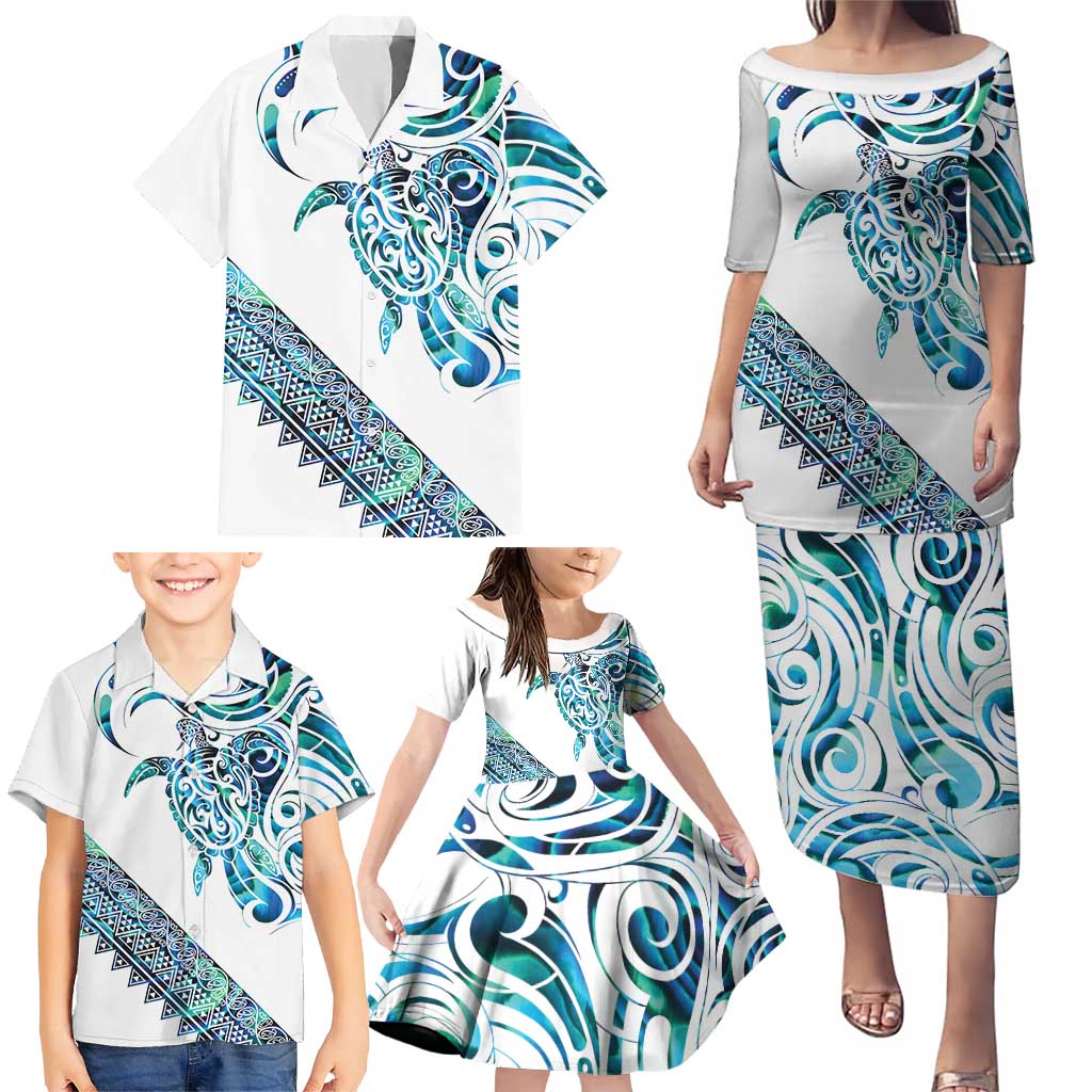 Kahui Whetu Paua shell Kowhaiwhai Taniko Personalised Family Matching Puletasi and Hawaiian Shirt Turtle Tattoo Maori Tribal Style