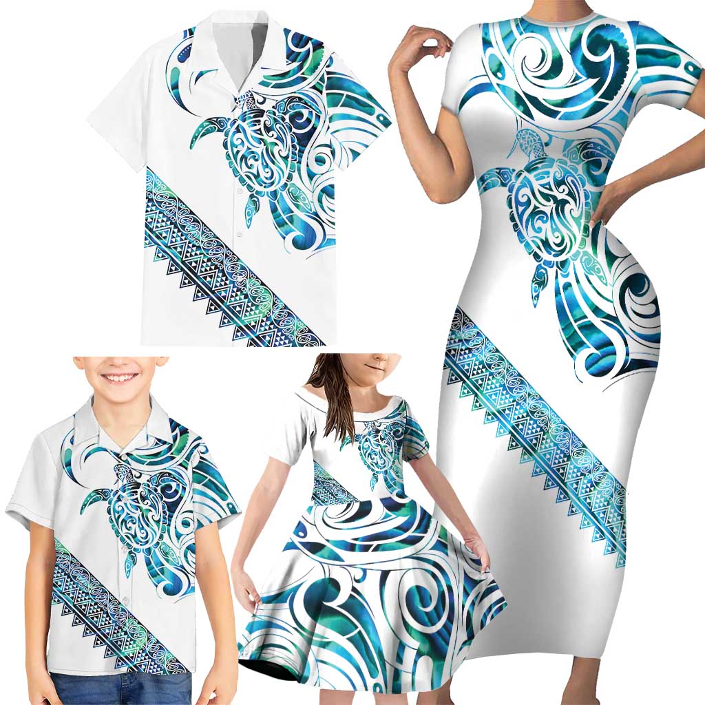 Kahui Whetu Paua shell Kowhaiwhai Taniko Personalised Family Matching Short Sleeve Bodycon Dress and Hawaiian Shirt Turtle Tattoo Maori Tribal Style