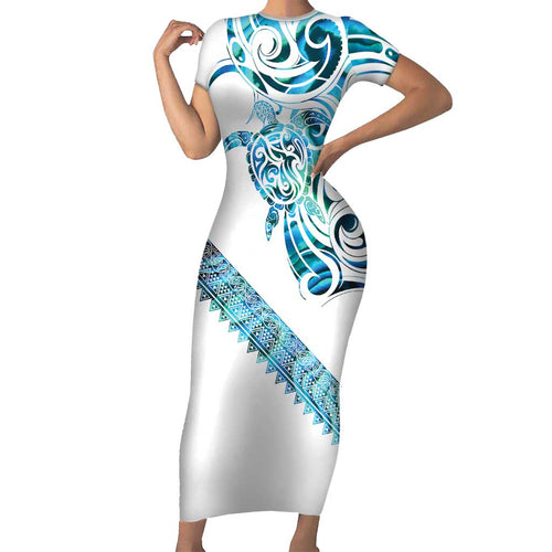 Kahui Whetu Paua shell Kowhaiwhai Taniko Personalised Family Matching Short Sleeve Bodycon Dress and Hawaiian Shirt Turtle Tattoo Maori Tribal Style