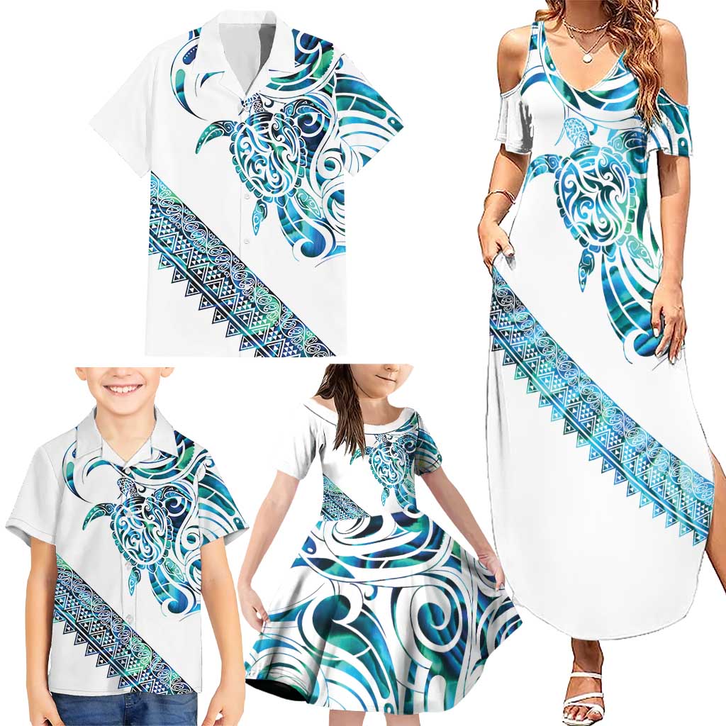 Kahui Whetu Paua shell Kowhaiwhai Taniko Personalised Family Matching Summer Maxi Dress and Hawaiian Shirt Turtle Tattoo Maori Tribal Style