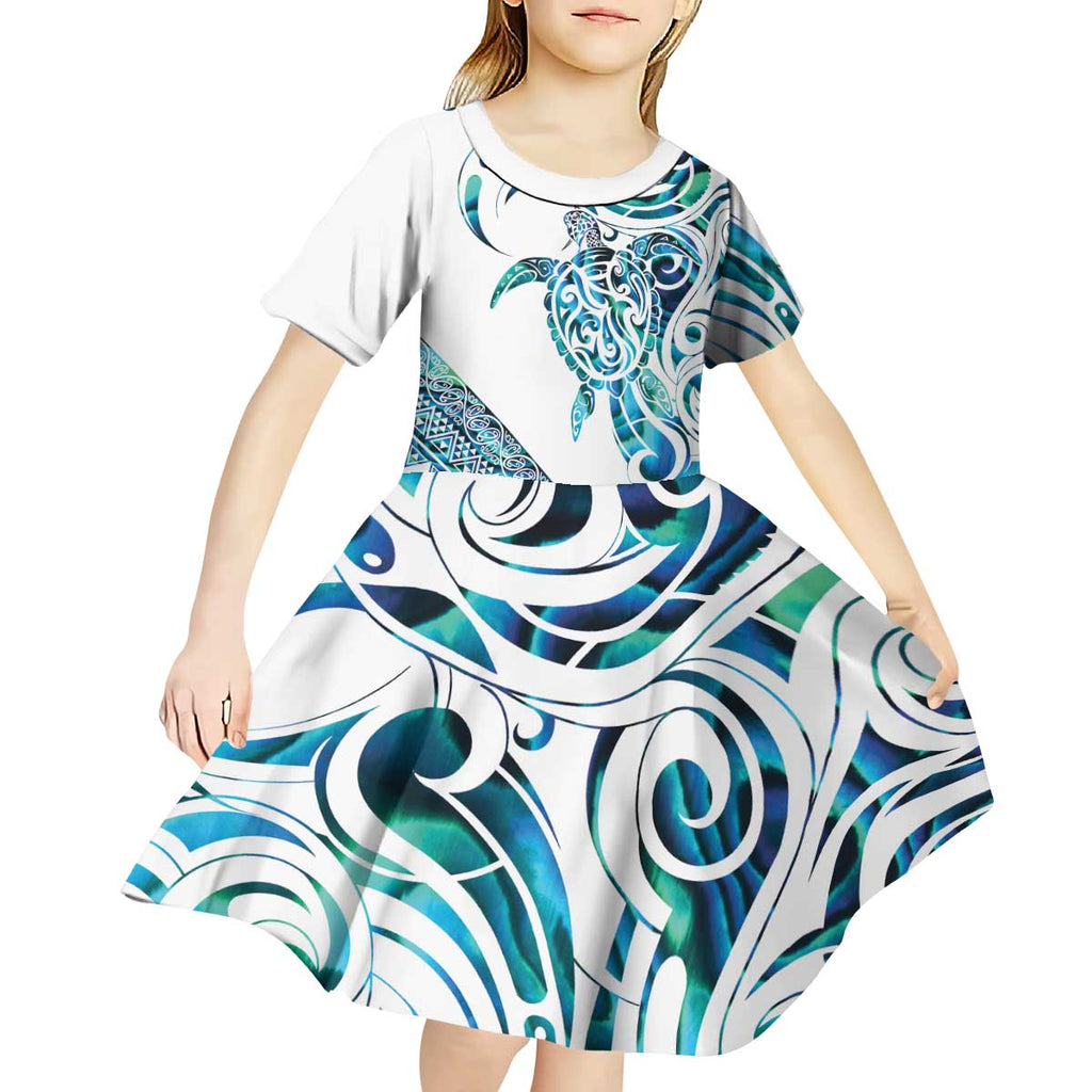 Kahui Whetu Paua shell Kowhaiwhai Taniko Personalised Kid Short Sleeve Dress Turtle Tattoo Maori Tribal Style
