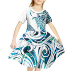 Kahui Whetu Paua shell Kowhaiwhai Taniko Personalised Kid Short Sleeve Dress Turtle Tattoo Maori Tribal Style