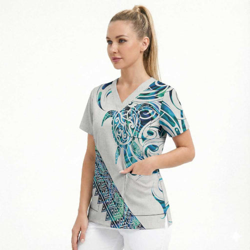 Kahui Whetu Paua shell Kowhaiwhai Taniko Personalised Scrub Top Turtle Tattoo Maori Tribal Style