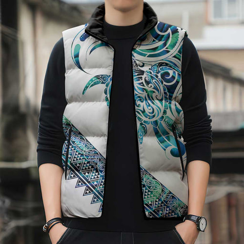 Kahui Whetu Paua shell Kowhaiwhai Taniko Personalised Sleeveless Puffer Jacket Turtle Tattoo Maori Tribal Style