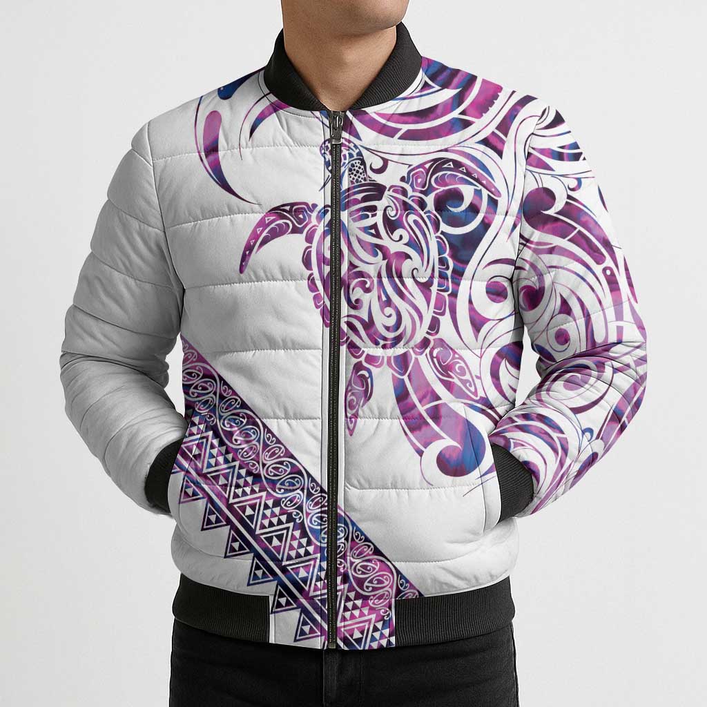 Mawhero Paua shell Kowhaiwhai Taniko Personalised Bomber Puffer Jacket Turtle Tattoo Maori Tribal Style