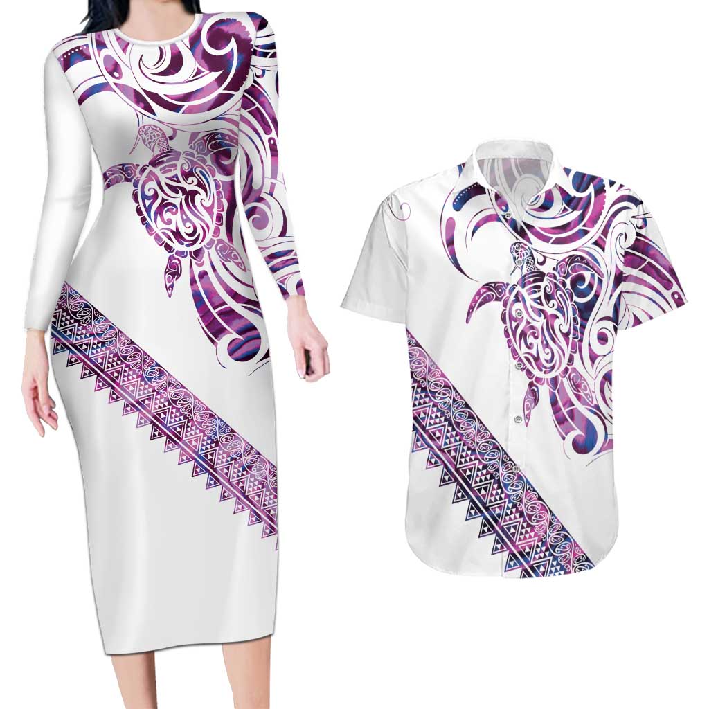 Mawhero Paua shell Kowhaiwhai Taniko Personalised Couples Matching Long Sleeve Bodycon Dress and Hawaiian Shirt Turtle Tattoo Maori Tribal Style