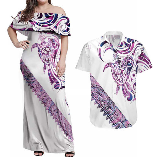 Mawhero Paua shell Kowhaiwhai Taniko Personalised Couples Matching Off Shoulder Maxi Dress and Hawaiian Shirt Turtle Tattoo Maori Tribal Style