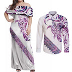Mawhero Paua shell Kowhaiwhai Taniko Personalised Couples Matching Off Shoulder Maxi Dress and Long Sleeve Button Shirt Turtle Tattoo Maori Tribal Style