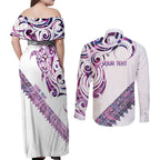 Mawhero Paua shell Kowhaiwhai Taniko Personalised Couples Matching Off Shoulder Maxi Dress and Long Sleeve Button Shirt Turtle Tattoo Maori Tribal Style