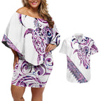 Mawhero Paua shell Kowhaiwhai Taniko Personalised Couples Matching Off Shoulder Short Dress and Hawaiian Shirt Turtle Tattoo Maori Tribal Style