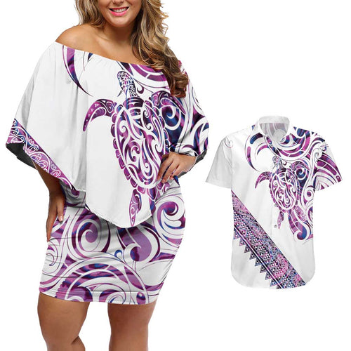 Mawhero Paua shell Kowhaiwhai Taniko Personalised Couples Matching Off Shoulder Short Dress and Hawaiian Shirt Turtle Tattoo Maori Tribal Style