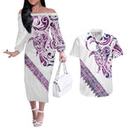 Mawhero Paua shell Kowhaiwhai Taniko Personalised Couples Matching Off The Shoulder Long Sleeve Dress and Hawaiian Shirt Turtle Tattoo Maori Tribal Style