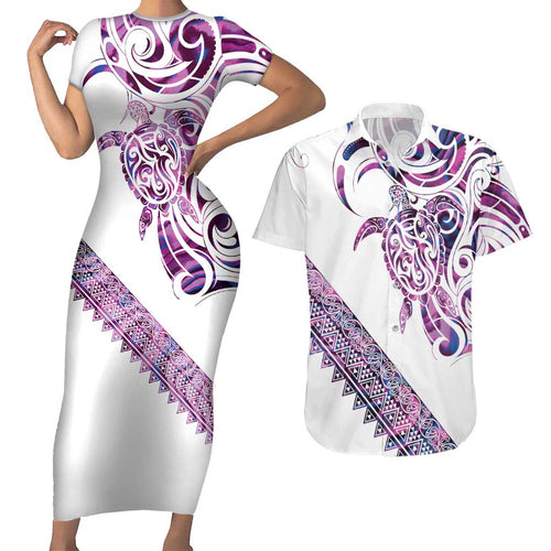 Mawhero Paua shell Kowhaiwhai Taniko Personalised Couples Matching Short Sleeve Bodycon Dress and Hawaiian Shirt Turtle Tattoo Maori Tribal Style