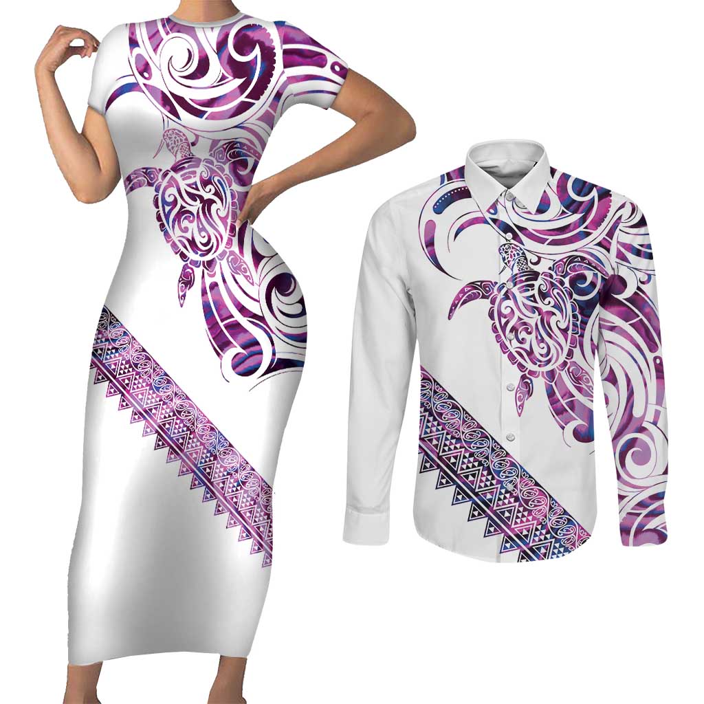 Mawhero Paua shell Kowhaiwhai Taniko Personalised Couples Matching Short Sleeve Bodycon Dress and Long Sleeve Button Shirt Turtle Tattoo Maori Tribal Style