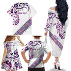 Mawhero Paua shell Kowhaiwhai Taniko Personalised Family Matching Off The Shoulder Long Sleeve Dress and Hawaiian Shirt Turtle Tattoo Maori Tribal Style