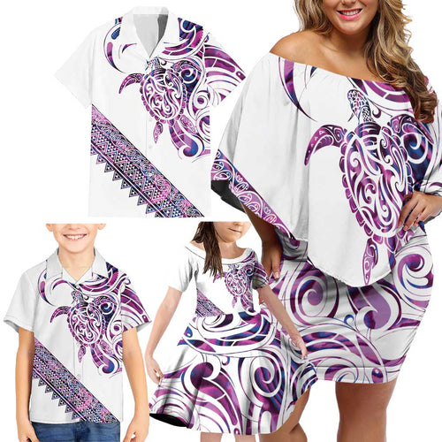 Mawhero Paua shell Kowhaiwhai Taniko Personalised Family Matching Off Shoulder Short Dress and Hawaiian Shirt Turtle Tattoo Maori Tribal Style