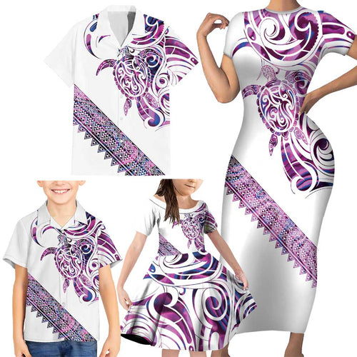 Mawhero Paua shell Kowhaiwhai Taniko Personalised Family Matching Short Sleeve Bodycon Dress and Hawaiian Shirt Turtle Tattoo Maori Tribal Style