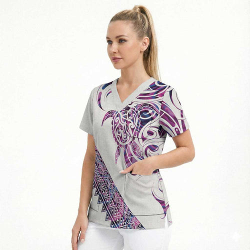 Mawhero Paua shell Kowhaiwhai Taniko Personalised Scrub Top Turtle Tattoo Maori Tribal Style