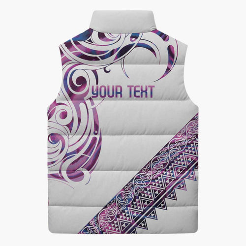 Mawhero Paua shell Kowhaiwhai Taniko Personalised Sleeveless Puffer Jacket Turtle Tattoo Maori Tribal Style