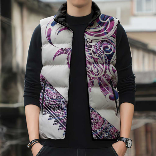 Mawhero Paua shell Kowhaiwhai Taniko Personalised Sleeveless Puffer Jacket Turtle Tattoo Maori Tribal Style