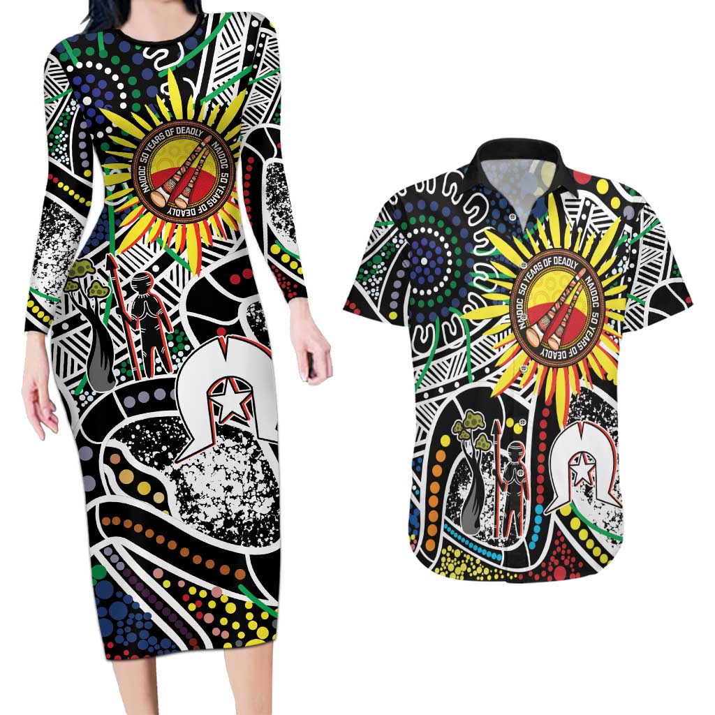 NAIDOC 50 Years of Deadly Personalised Couples Matching Long Sleeve Bodycon Dress and Hawaiian Shirt Aboriginal Dot Art