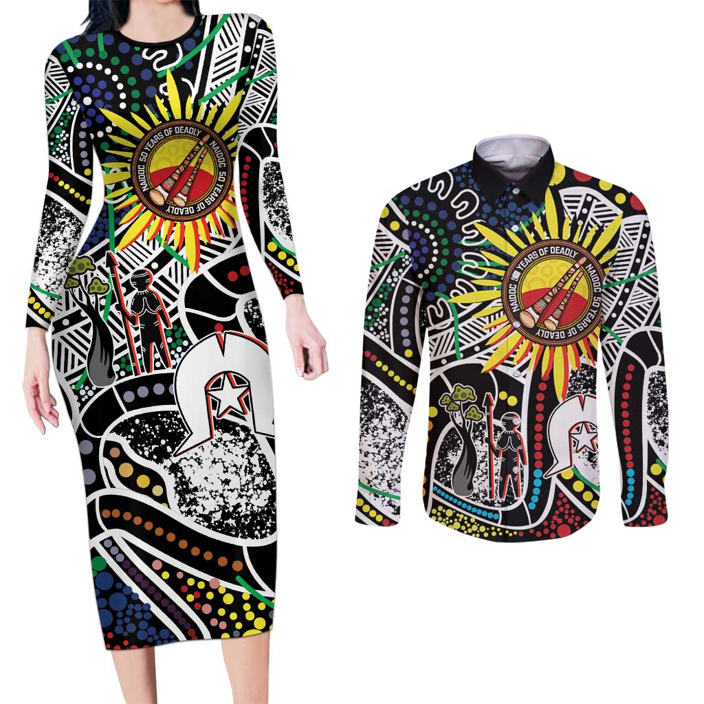 NAIDOC 50 Years of Deadly Personalised Couples Matching Long Sleeve Bodycon Dress and Long Sleeve Button Shirt Aboriginal Dot Art