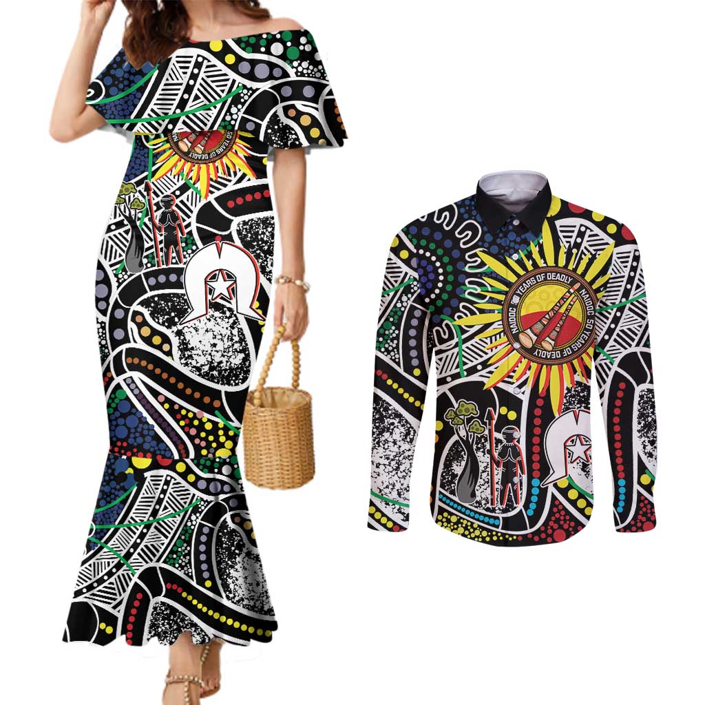 NAIDOC 50 Years of Deadly Personalised Couples Matching Mermaid Dress and Long Sleeve Button Shirt Aboriginal Dot Art
