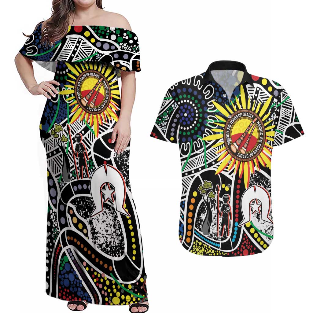 NAIDOC 50 Years of Deadly Personalised Couples Matching Off Shoulder Maxi Dress and Hawaiian Shirt Aboriginal Dot Art