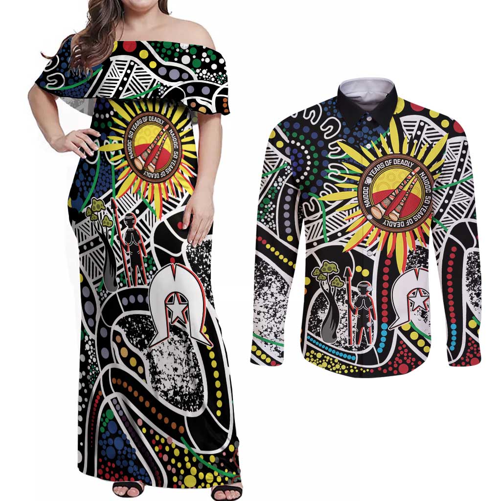 NAIDOC 50 Years of Deadly Personalised Couples Matching Off Shoulder Maxi Dress and Long Sleeve Button Shirt Aboriginal Dot Art