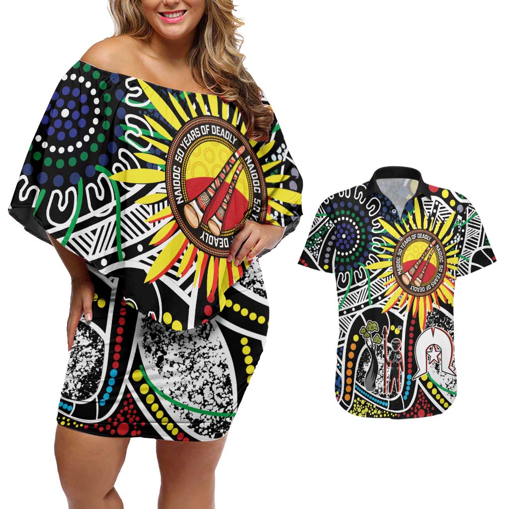 NAIDOC 50 Years of Deadly Personalised Couples Matching Off Shoulder Short Dress and Hawaiian Shirt Aboriginal Dot Art