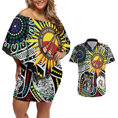 NAIDOC 50 Years of Deadly Personalised Couples Matching Off Shoulder Short Dress and Hawaiian Shirt Aboriginal Dot Art