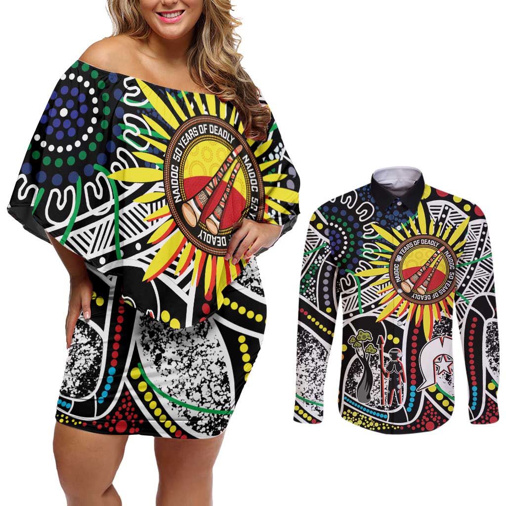 NAIDOC 50 Years of Deadly Personalised Couples Matching Off Shoulder Short Dress and Long Sleeve Button Shirt Aboriginal Dot Art