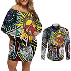 NAIDOC 50 Years of Deadly Personalised Couples Matching Off Shoulder Short Dress and Long Sleeve Button Shirt Aboriginal Dot Art