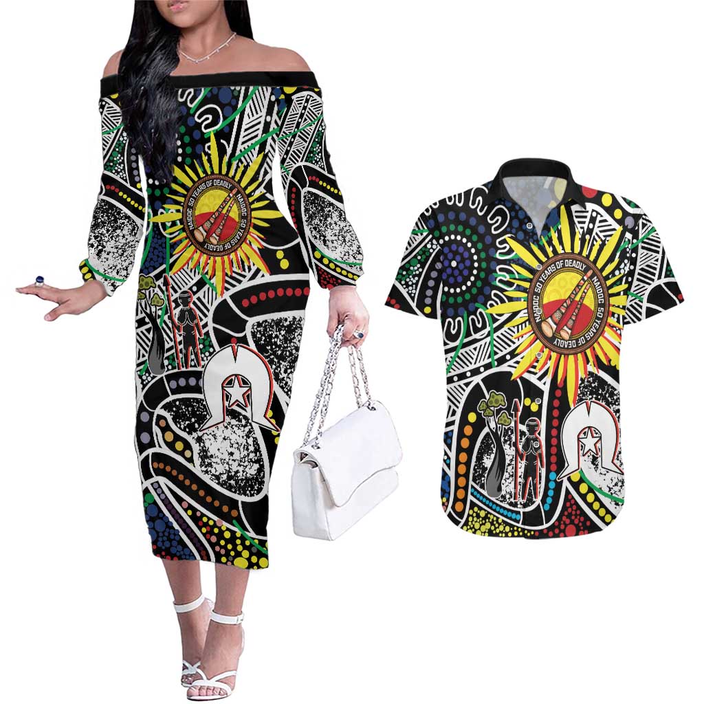 NAIDOC 50 Years of Deadly Personalised Couples Matching Off The Shoulder Long Sleeve Dress and Hawaiian Shirt Aboriginal Dot Art