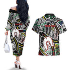 NAIDOC 50 Years of Deadly Personalised Couples Matching Off The Shoulder Long Sleeve Dress and Hawaiian Shirt Aboriginal Dot Art