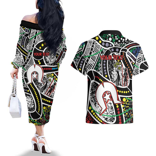NAIDOC 50 Years of Deadly Personalised Couples Matching Off The Shoulder Long Sleeve Dress and Hawaiian Shirt Aboriginal Dot Art
