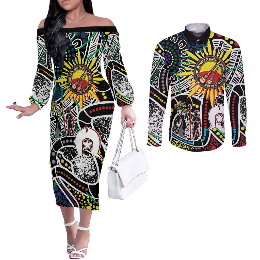 NAIDOC 50 Years of Deadly Personalised Couples Matching Off The Shoulder Long Sleeve Dress and Long Sleeve Button Shirt Aboriginal Dot Art