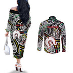 NAIDOC 50 Years of Deadly Personalised Couples Matching Off The Shoulder Long Sleeve Dress and Long Sleeve Button Shirt Aboriginal Dot Art