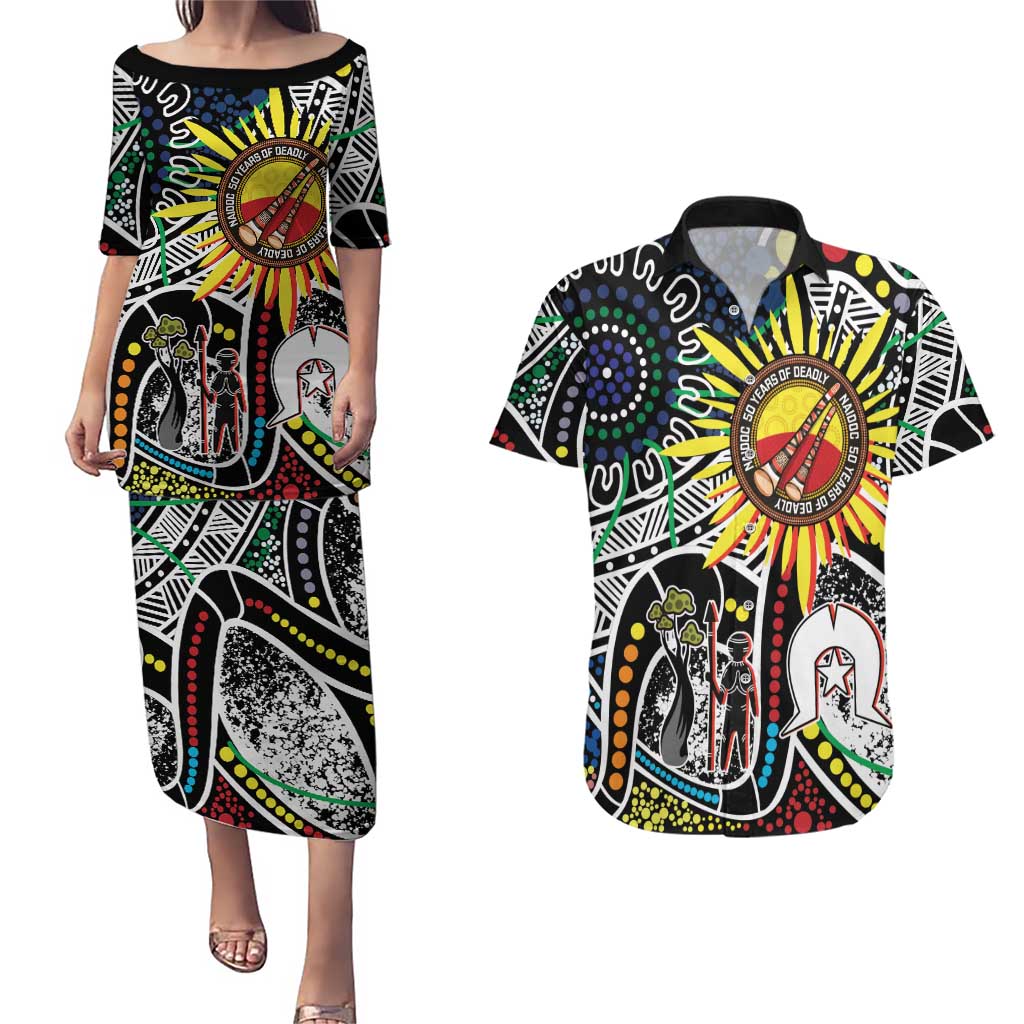 NAIDOC 50 Years of Deadly Personalised Couples Matching Puletasi and Hawaiian Shirt Aboriginal Dot Art