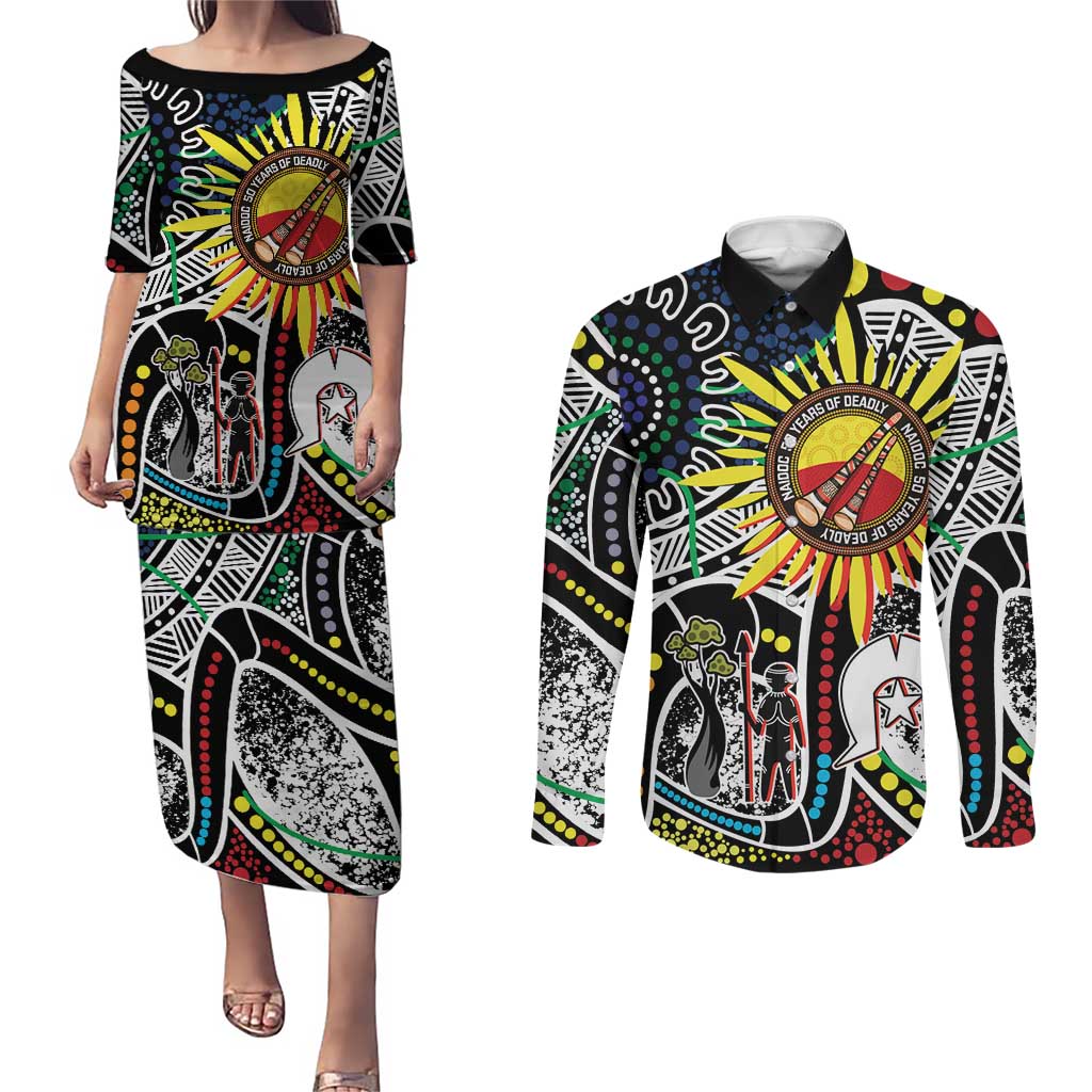 NAIDOC 50 Years of Deadly Personalised Couples Matching Puletasi and Long Sleeve Button Shirt Aboriginal Dot Art